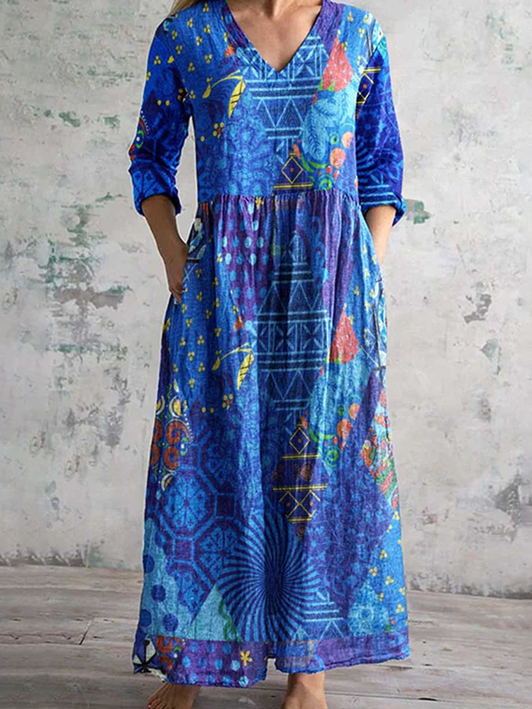 Geometric Print V-Neck Casual Loose Midi Dress
