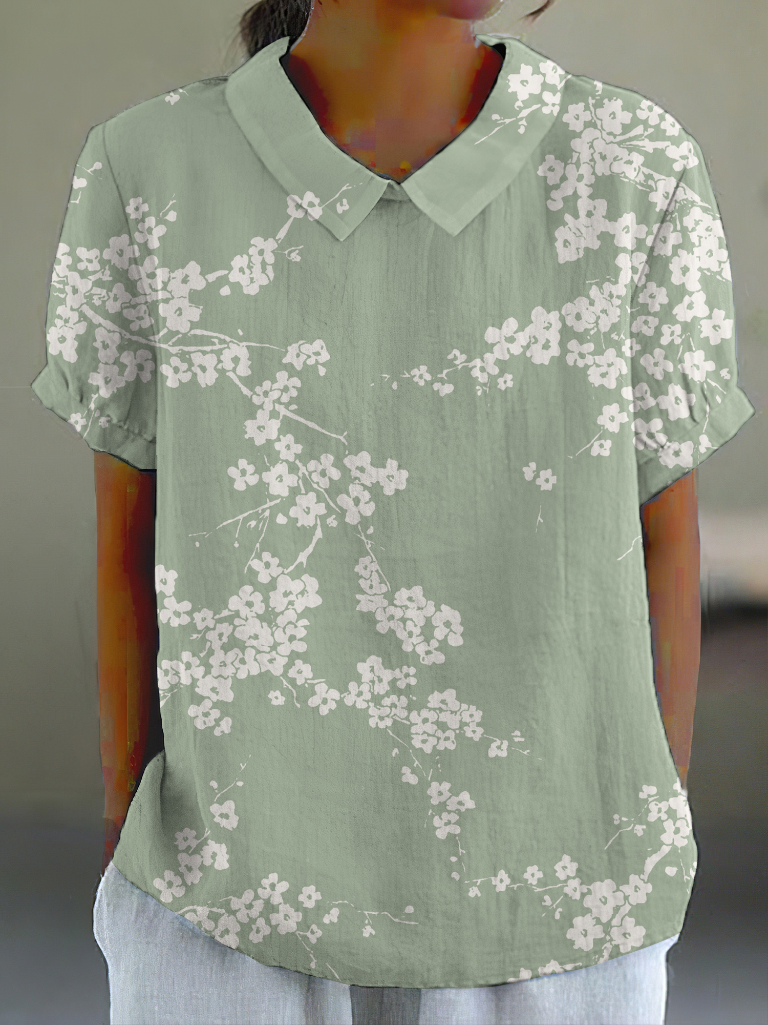 Cherry Blossom Japanese Print Casual Cotton Linen Shirt