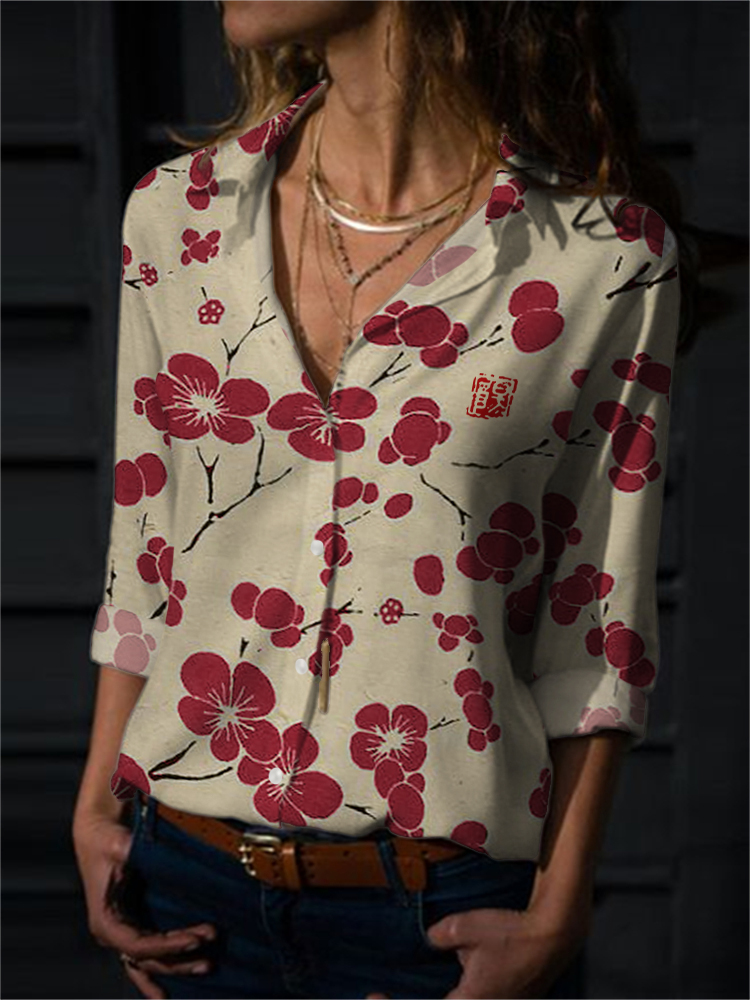 Cherry Blossom Japanese Lino Art Flowy Blouse