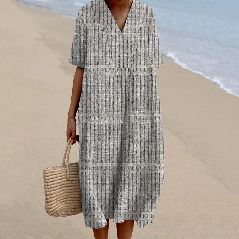 Women Vintage Stripes Casual V Neck Short Sleeve Midi Dress
