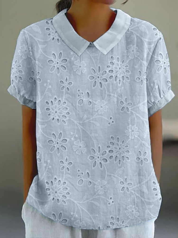 Floral Embroidered Hollow Lace Linen Blend Tunic