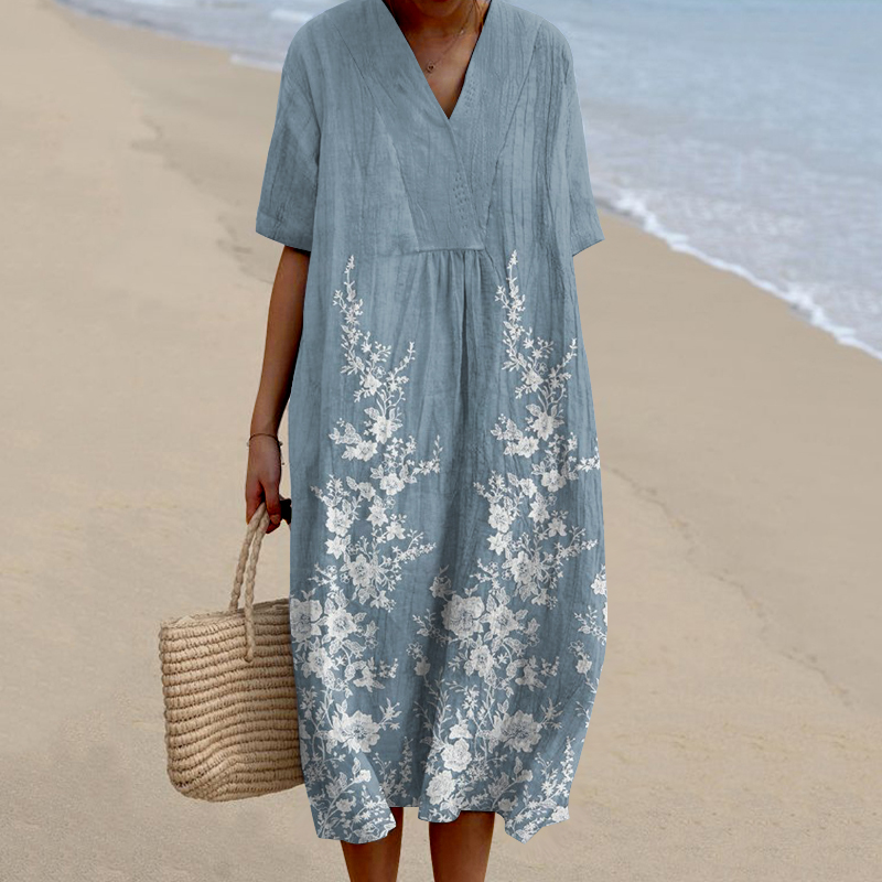 Vintage Lace Art Casual V Neck Midi Dress