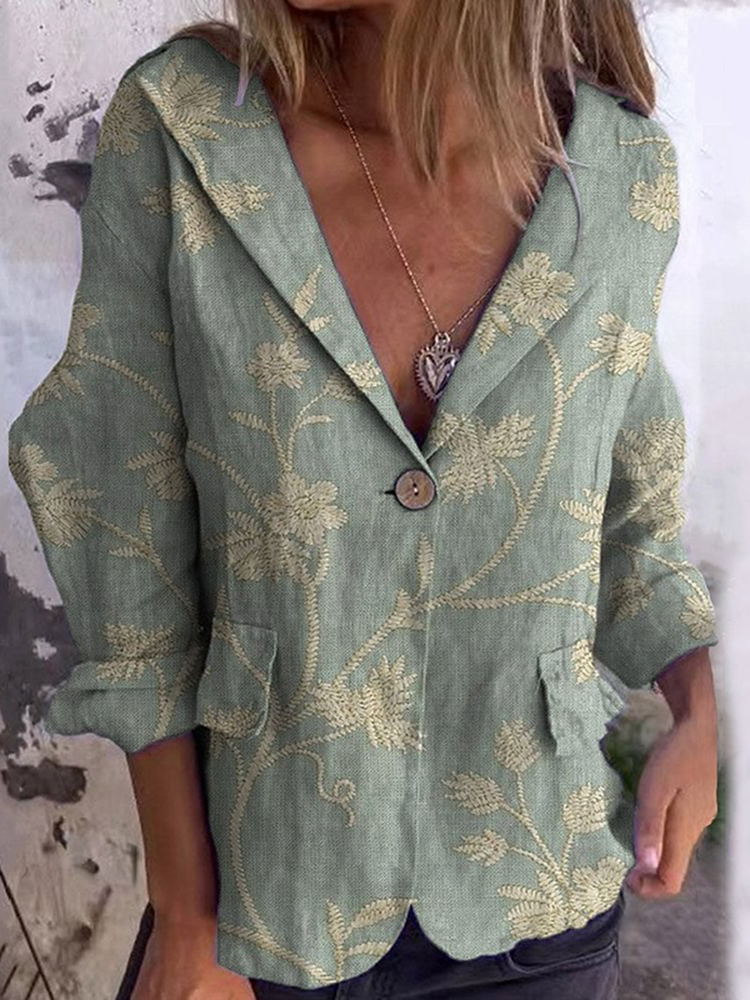 Flower Embroidered Art Print Casual Blazer