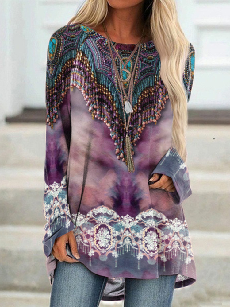 Western Print Round Neck Long Sleeve Casual Tunic