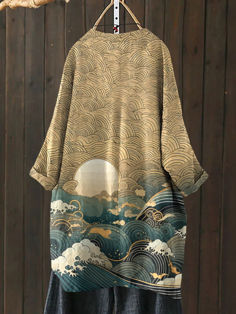 Japanese Art Print Linen Blend Casual Cardigan