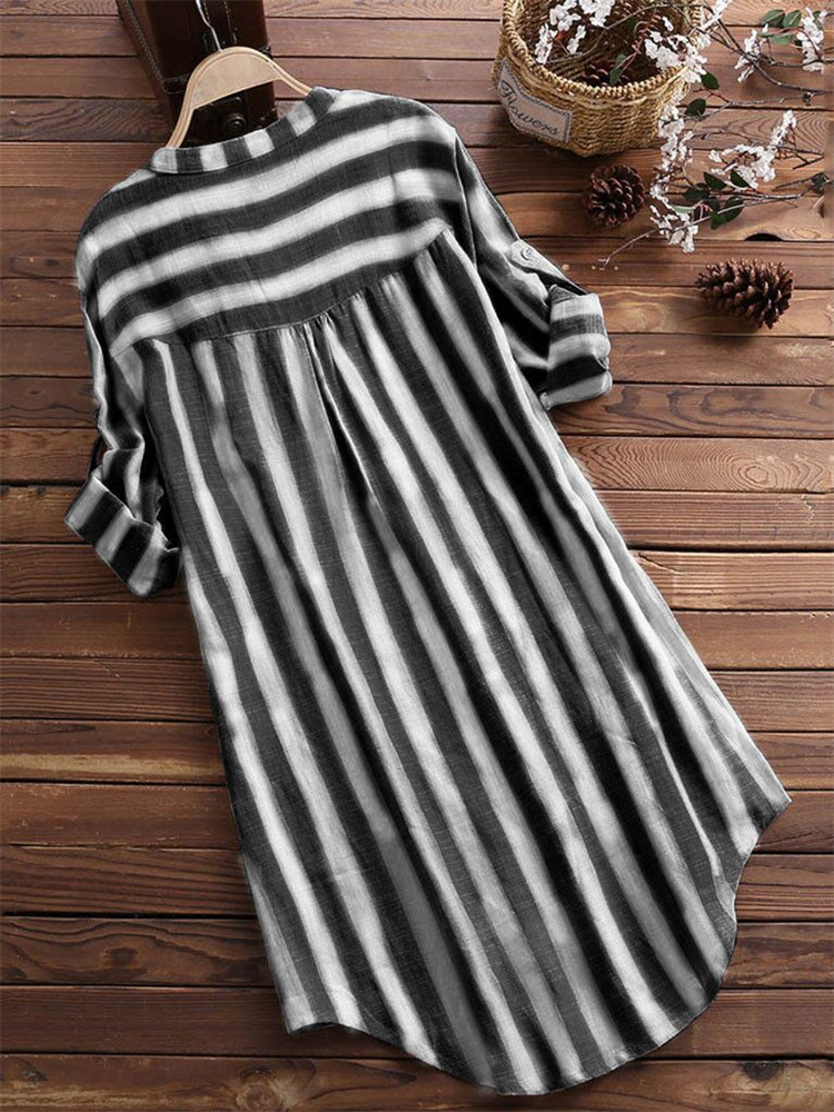 Striped Roll Tab A Line Long Blouse