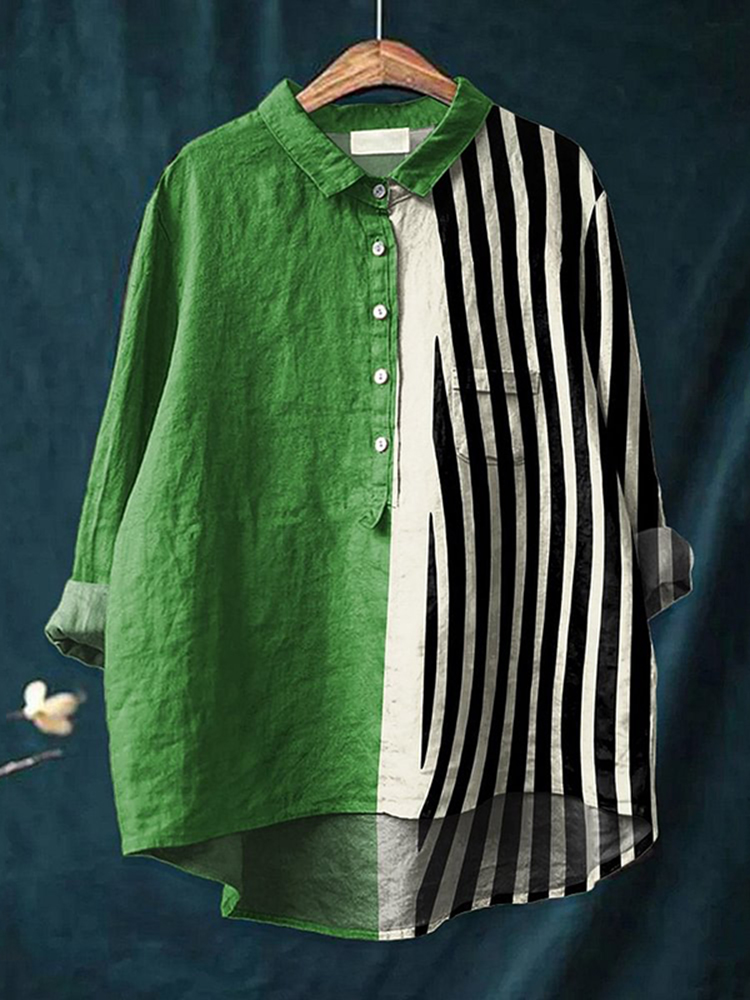 Striped Art Print Long Sleeve Loose Shirt