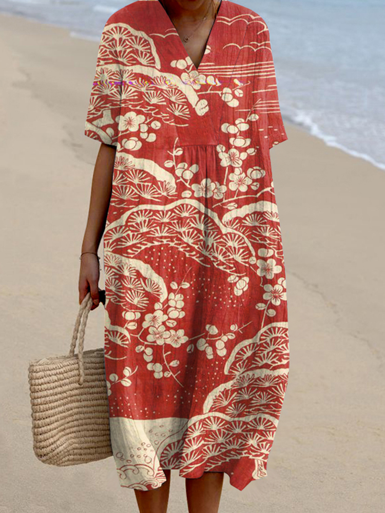Japanese Art Plum Blossom Printed V Neck Casual Midi Dress