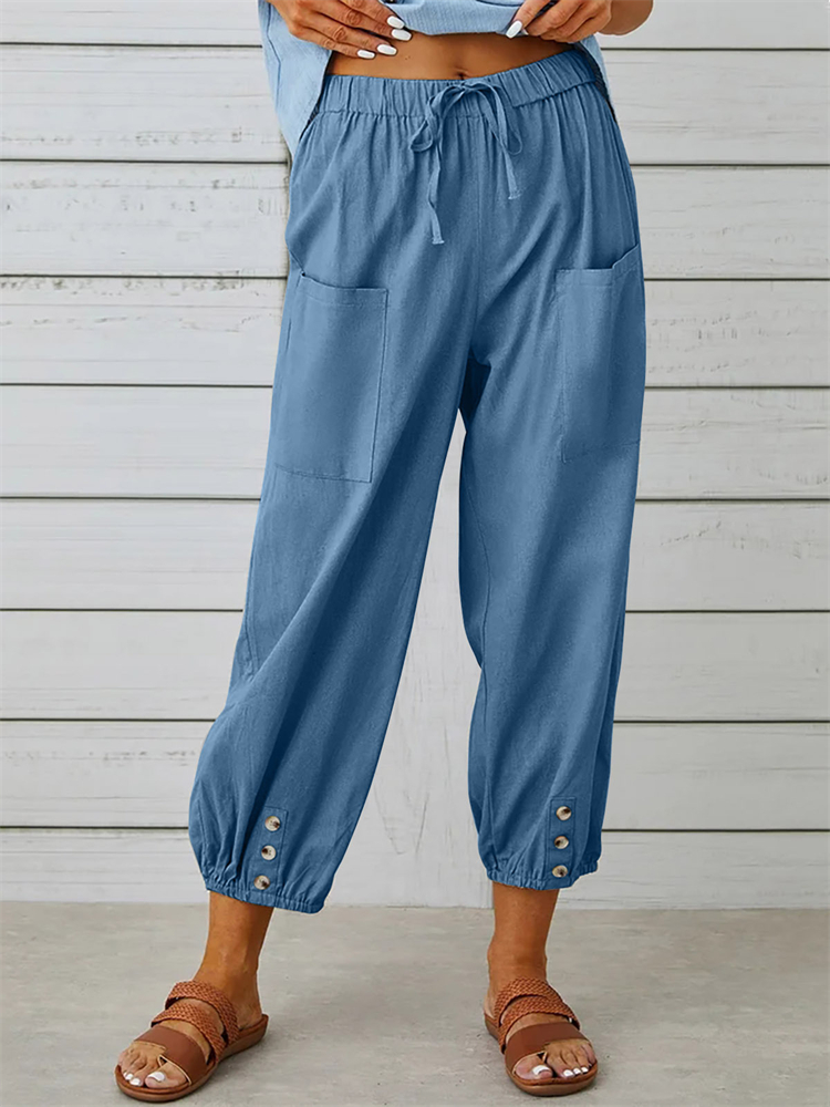 Patch Pocket Button Accent Comfy Casual Pants