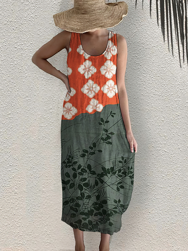 Japanese Art Flower Print Sleeveless Casual Linen Blend Midi Dress