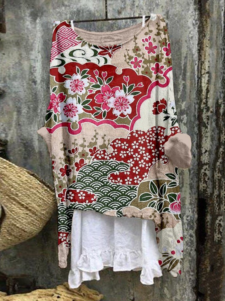 Traditional Japanese Pattern Linen Blend Flowy Tunic