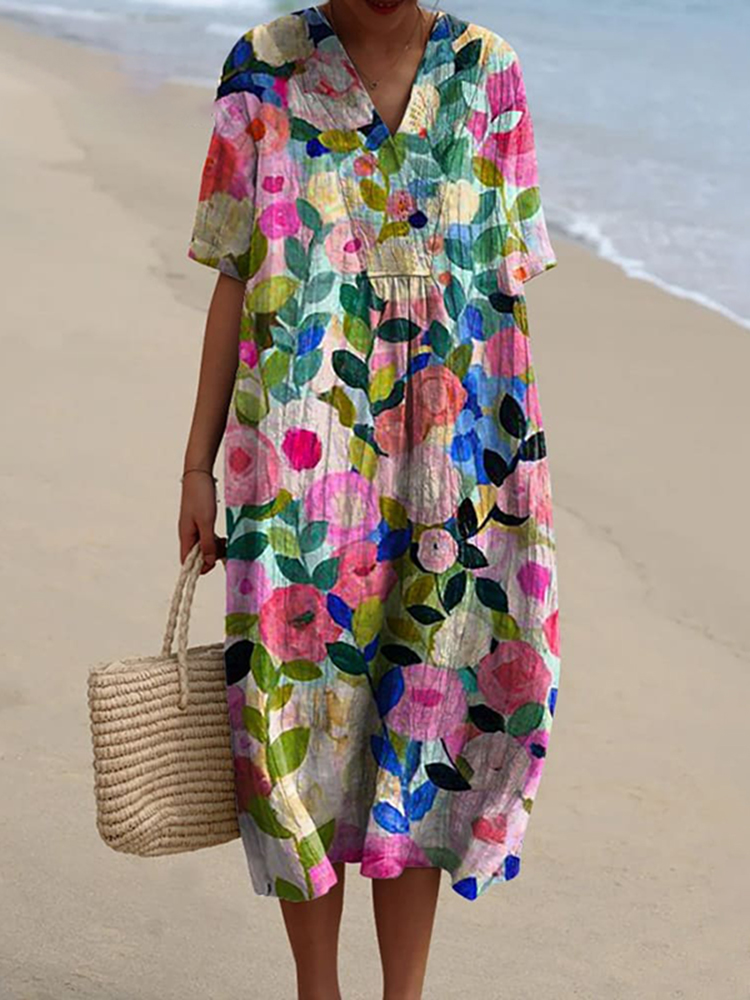 Colorful Spring Floral Garden Printed Cotton Linen Dress