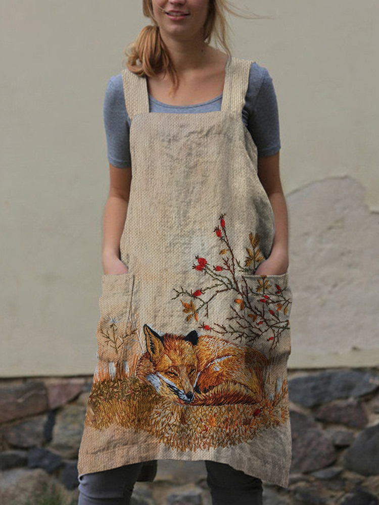 Vintage Forest Fox Print Apron Midi Dress