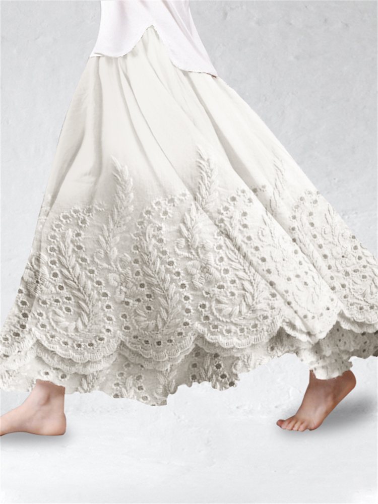 Cottage Wheat Floral Lace Hem Linen Blend Flowy Skirt