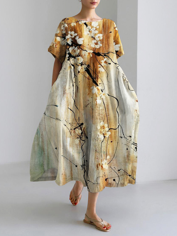 Vintage Ink Flower Print Linen Maxi Dress