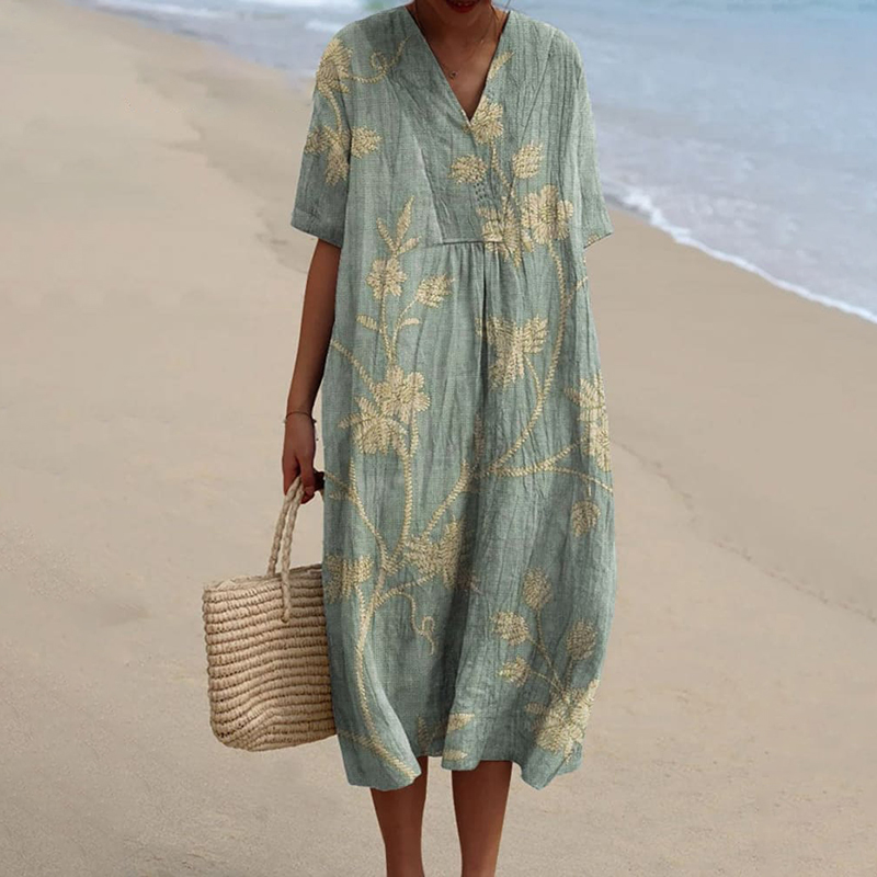 Women's Retro Floral Print Cotton and Linen Dress