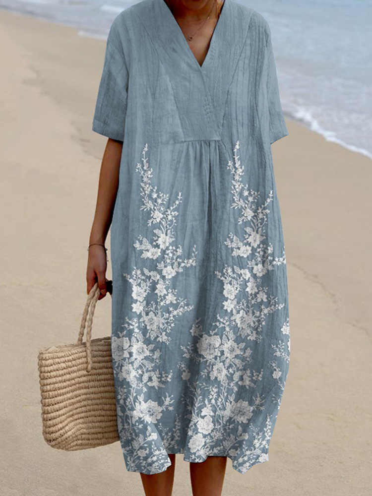 Vintage Lace Art Casual V Neck Midi Dress