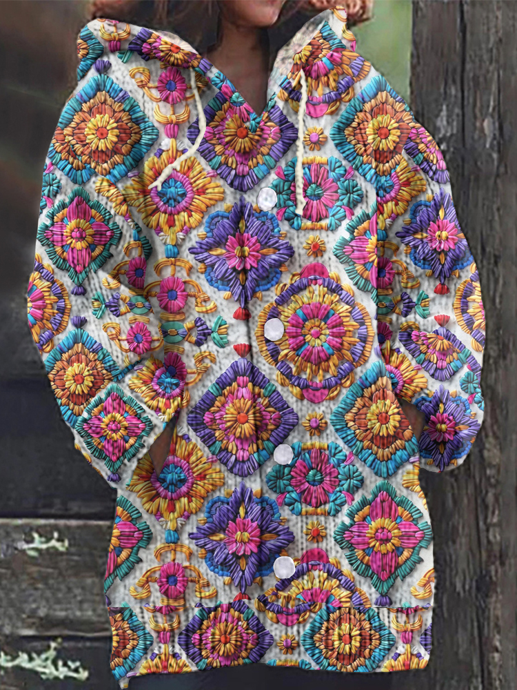 Women's Square Floral Knitted Cardigan Sweater