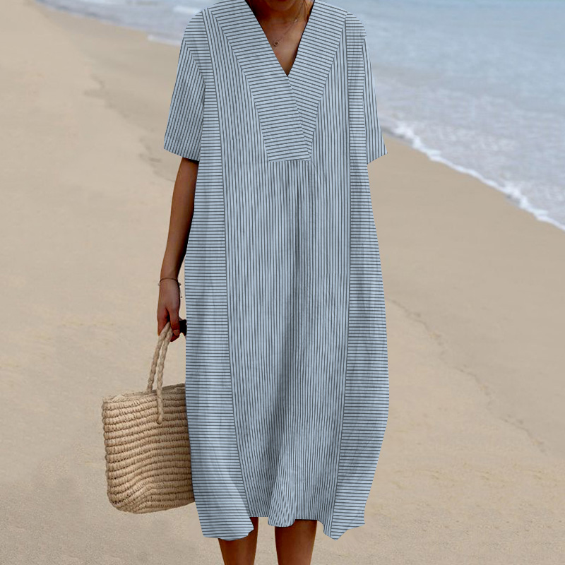 Striped Printed V-Neck Short Sleeved Loose Midi Dress