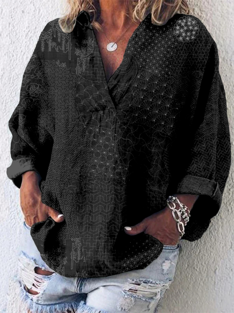 Japanese Traditional Sashiko Art Linen Blend Tunic