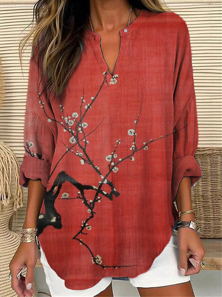 Simple Plum Blossom Japanese Art Linen Blend Tunic