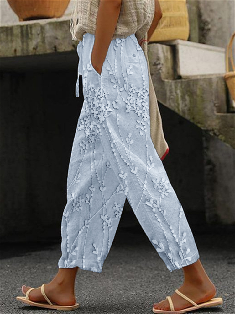 Classy Floral Lace Embroidered Linen Blend Cropped Pants