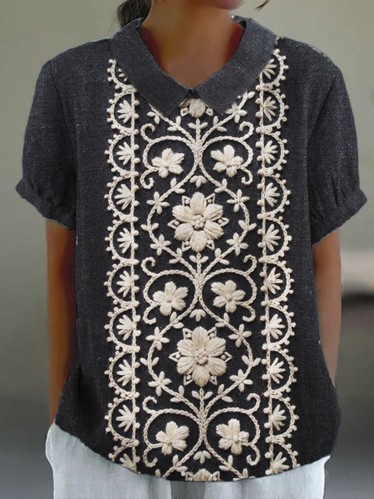 Vintage Floral Lace Embroidered Linen Blend Tunic