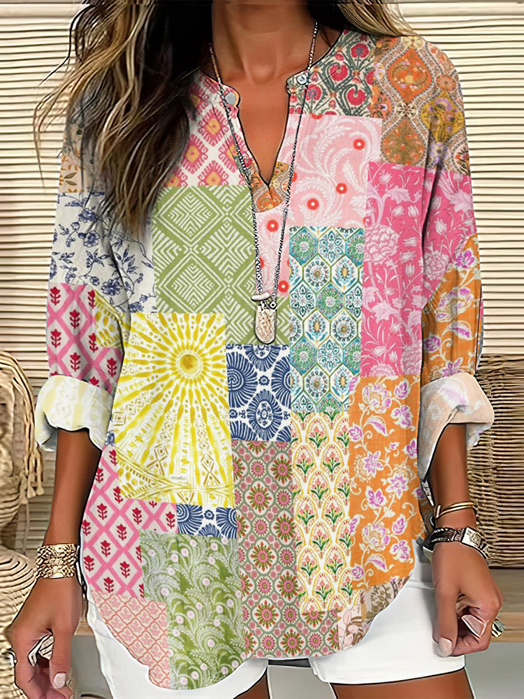 Vintage Contrast Floral  Painting Japanese Art Linen Blend Tunic