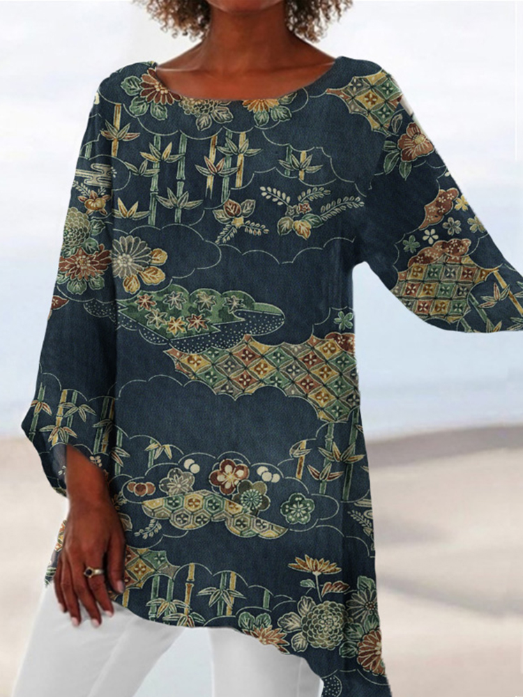 Vintage Japanese Art Print Loose Blouse