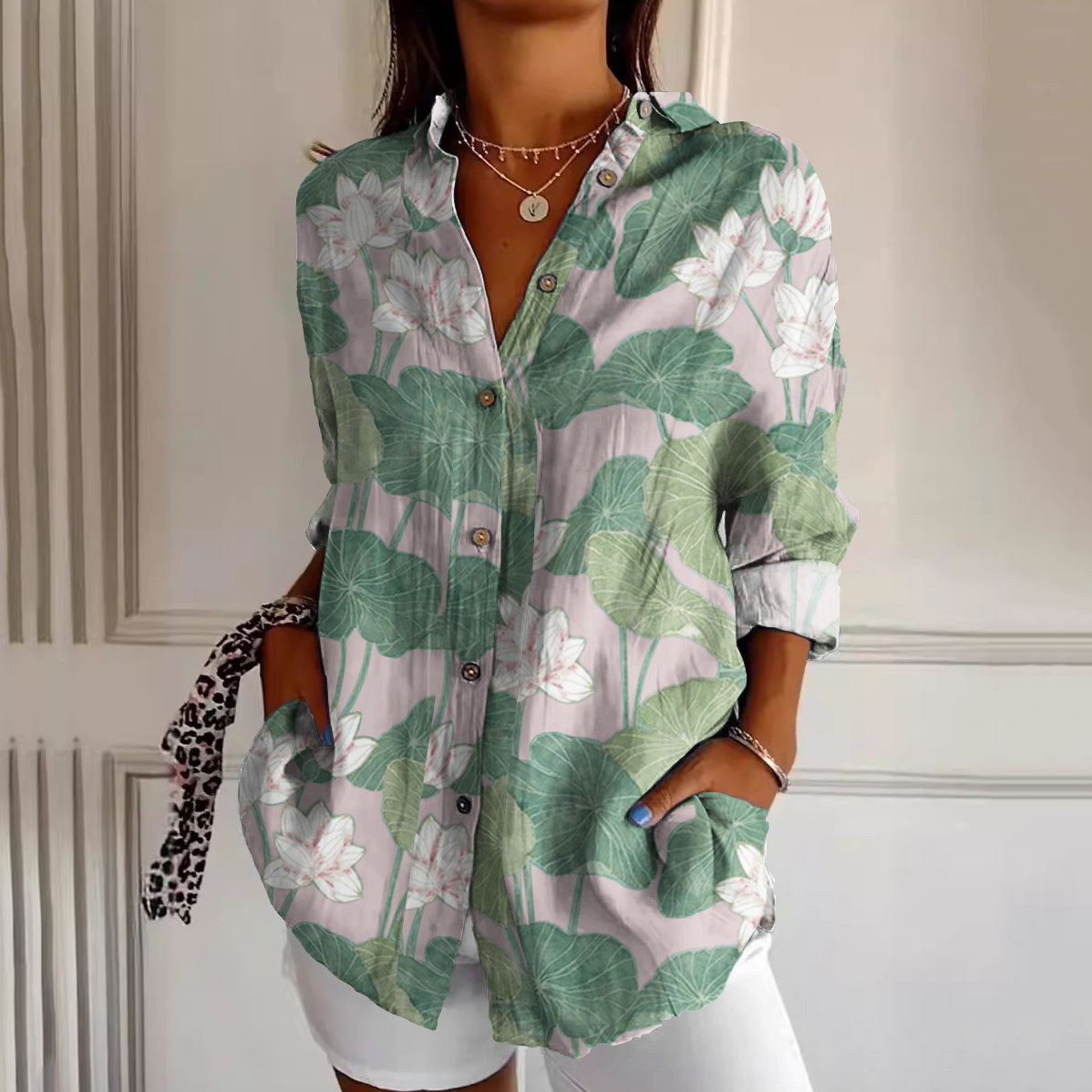 Casual Water Lily Art Pattern Women'S Shirt