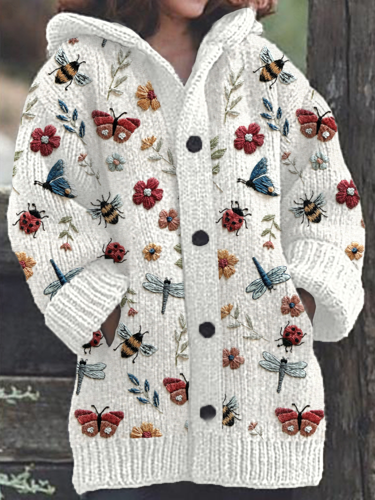 Insects Floral Embroidery Pattern Cozy Knit Hooded Cardigan