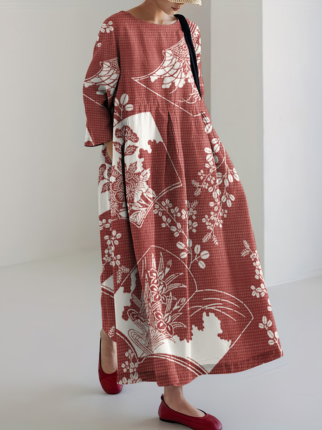Japanese Art Floral Print Linen Blend Loose Midi Dress