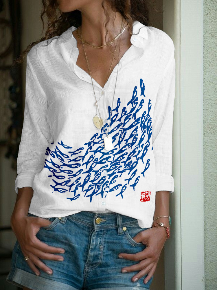 Fish Japanese Art Linen Blend Cozy Blouse
