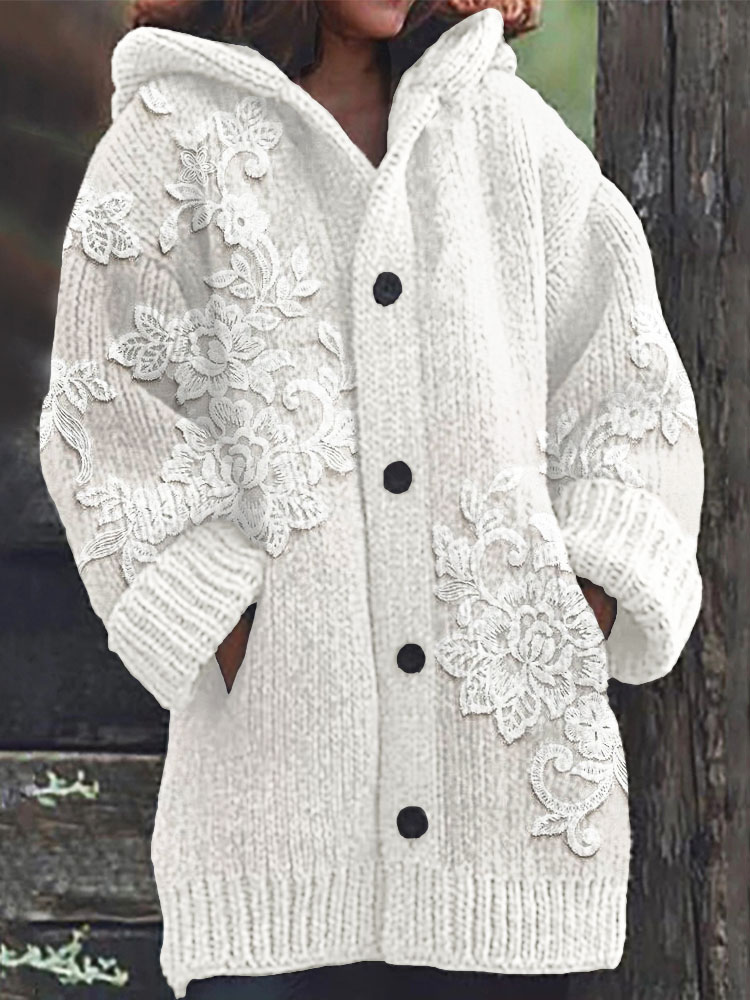 Vintage Floral Lace Embroidered Knit Hooded Cardigan
