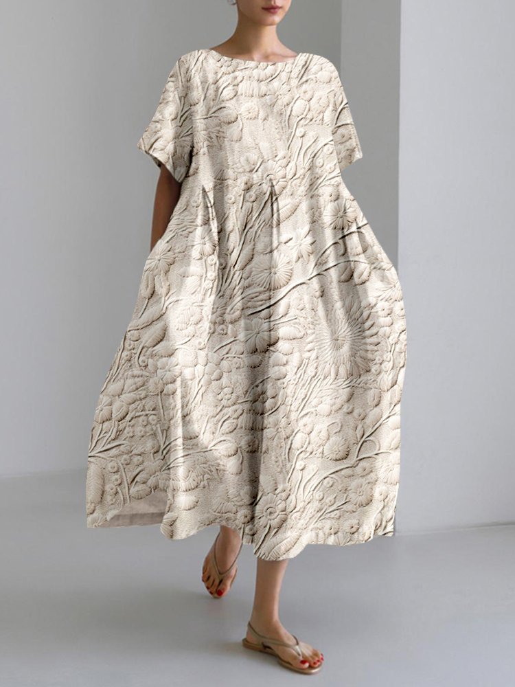 Floral Embroidered Linen Blend Maxi Dress