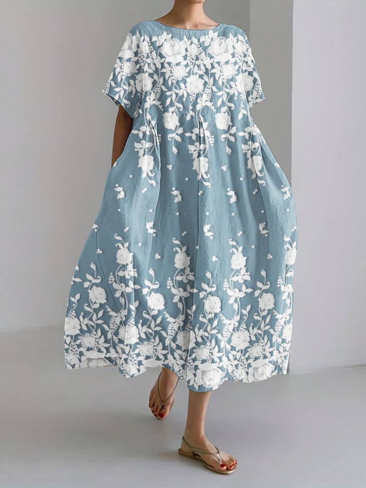 Classy Roses Floral Lace Linen Blend Maxi Dress