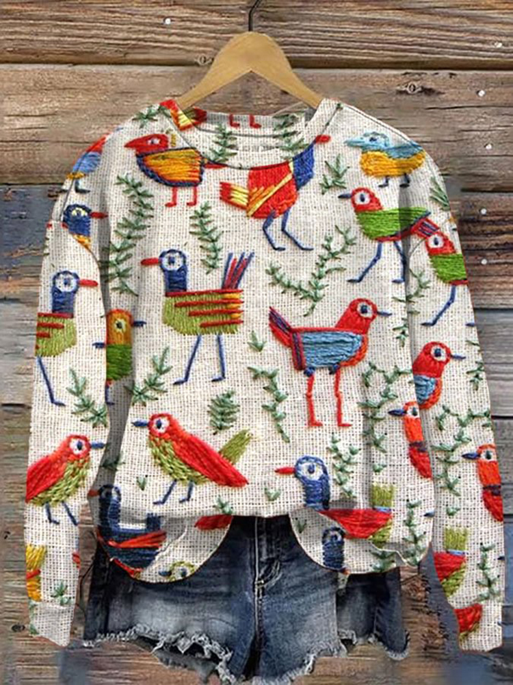 Birds Boho Embroidery Art Print Sweatshirt