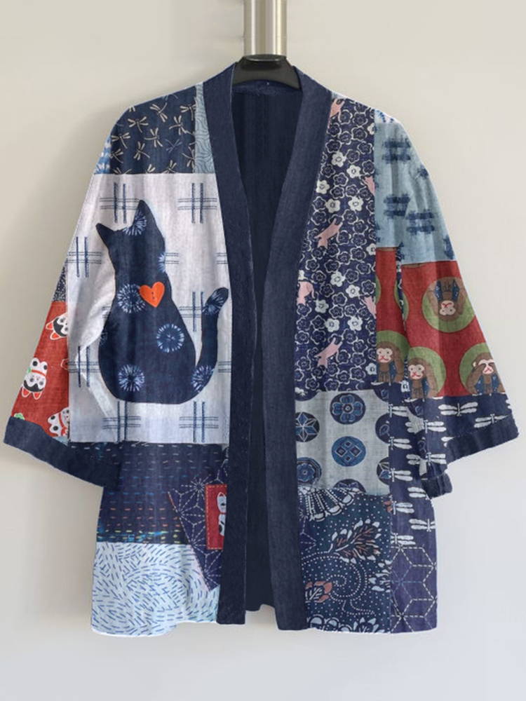 Japanese Traditional Sashiko In Cat Patchwork Art Pattern Art Print Linen Blend Kimono Cardigan