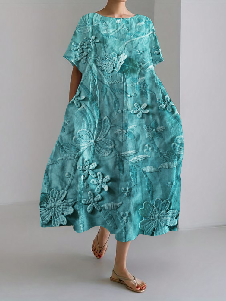 3D Floral Embroidered Lace Linen Blend Maxi Dress