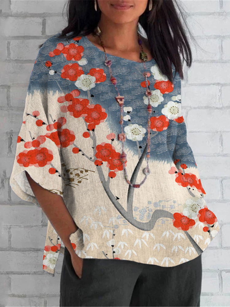 Japanese Art Cherry Blossom Print Crew Neck Casual T-Shirt
