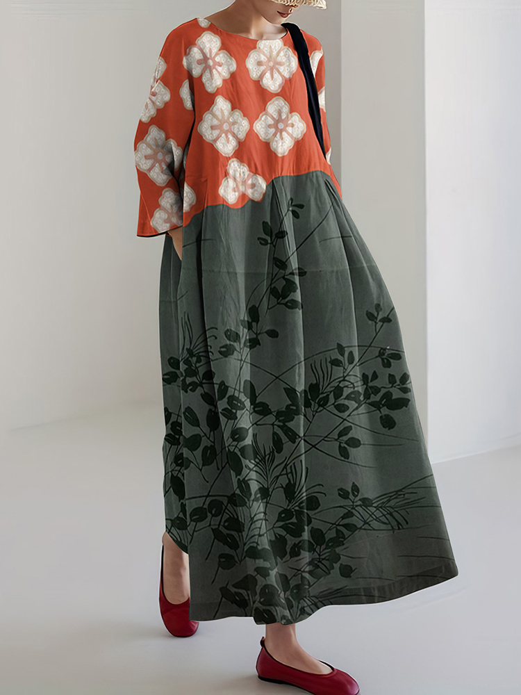 Japanese Art Flower Print Crew Neck Loose Midi Dress