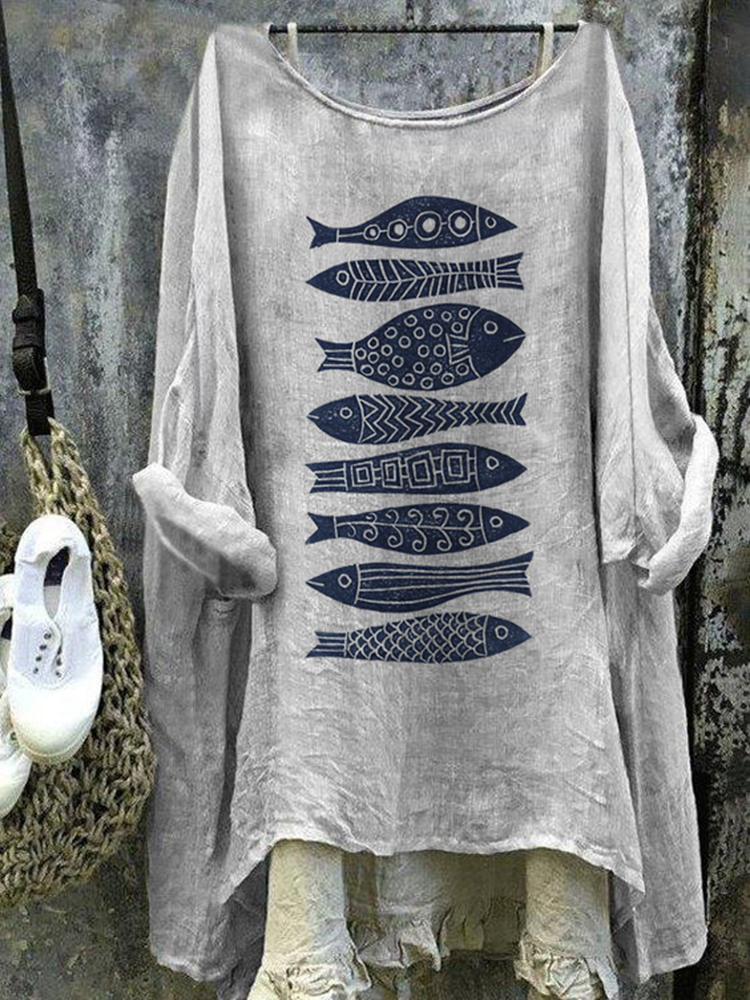 Vintage Japanese Art Fish Cotton Linen Button Round Neck Casual Shirt