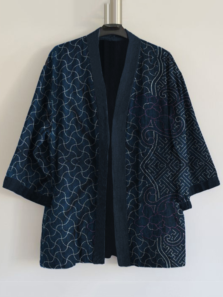 Japanese Traditional Sashiko Art Print Linen Blend Kimono Cardigan