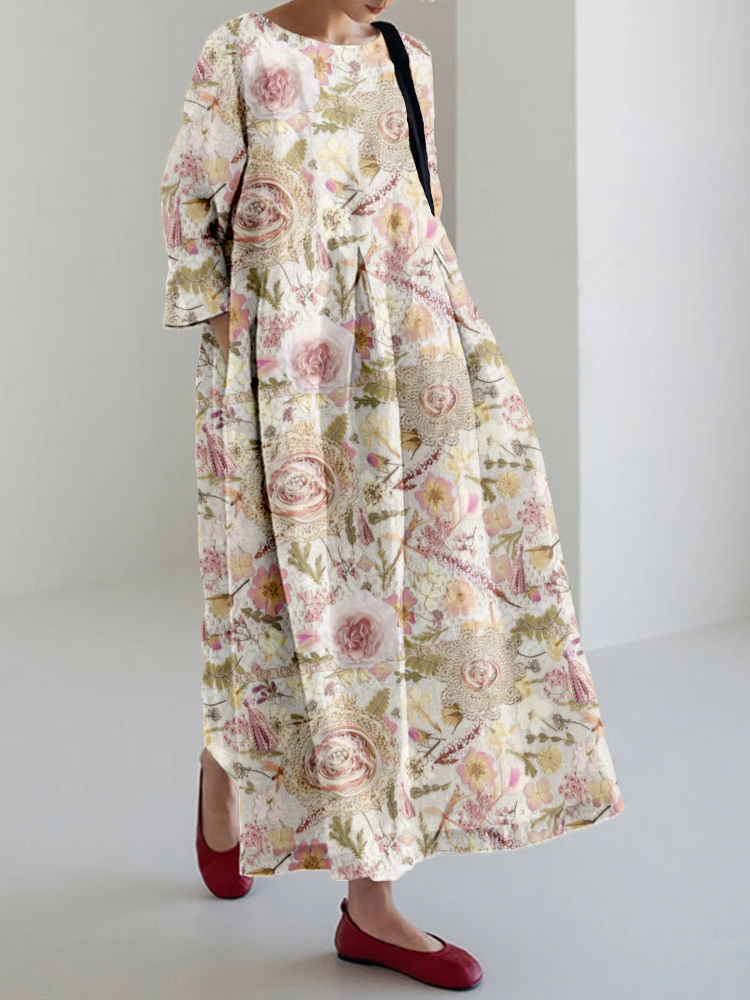 Romantic Roses Lace Embroidered Linen Blend Maxi Dress