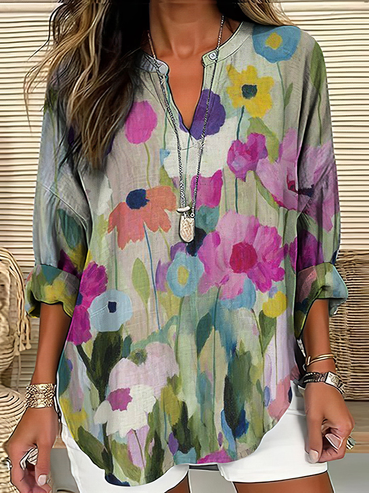 Vintage Color Block Printed Casual Shirt