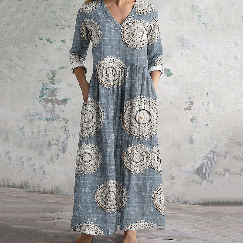 Embroidered Art Print V-Neck Casual Midi Dress