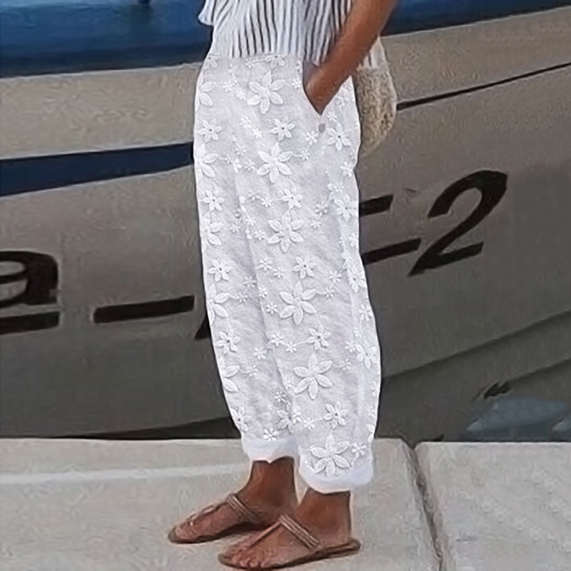 Embroidered Floral Print Casual Pants
