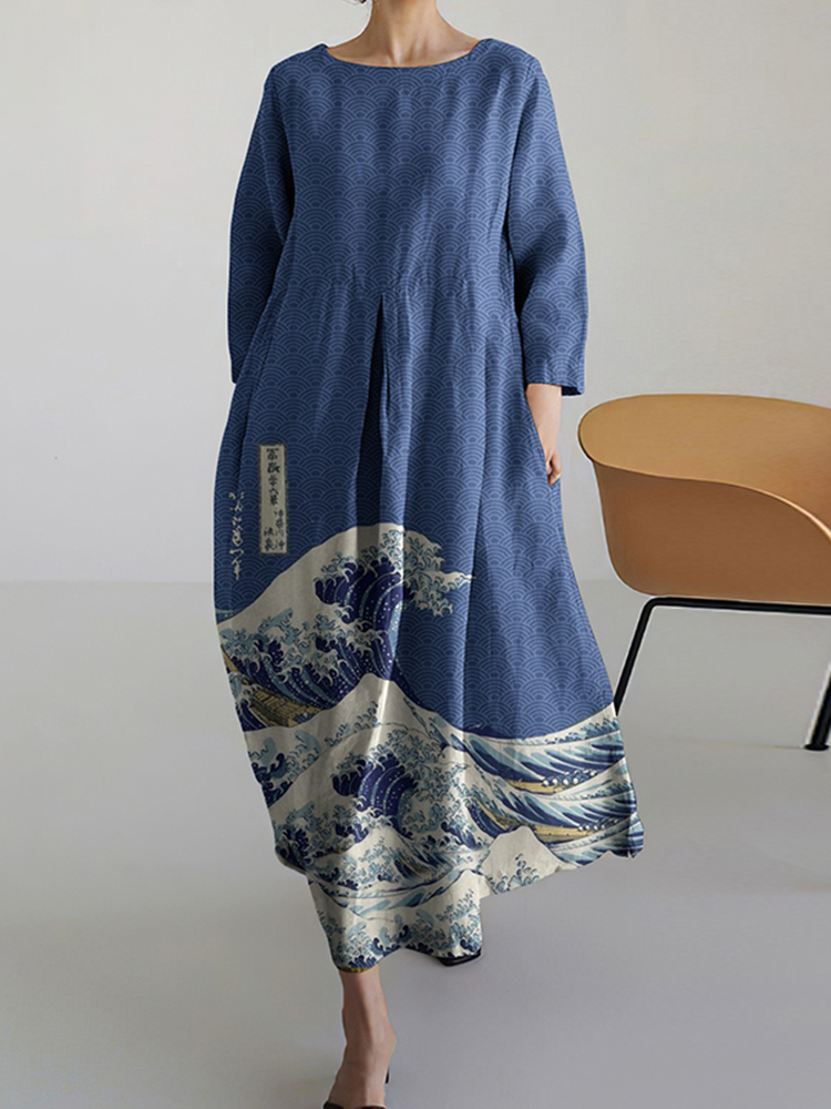 Women Japanese Art Pattern Linen Blend Maxi Dress