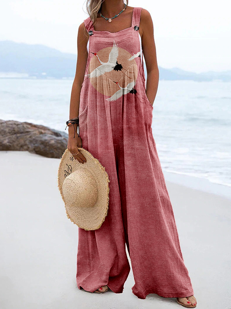 Flying Cranes Japanese Art Linen Blend Loose Fit Jumpsuit