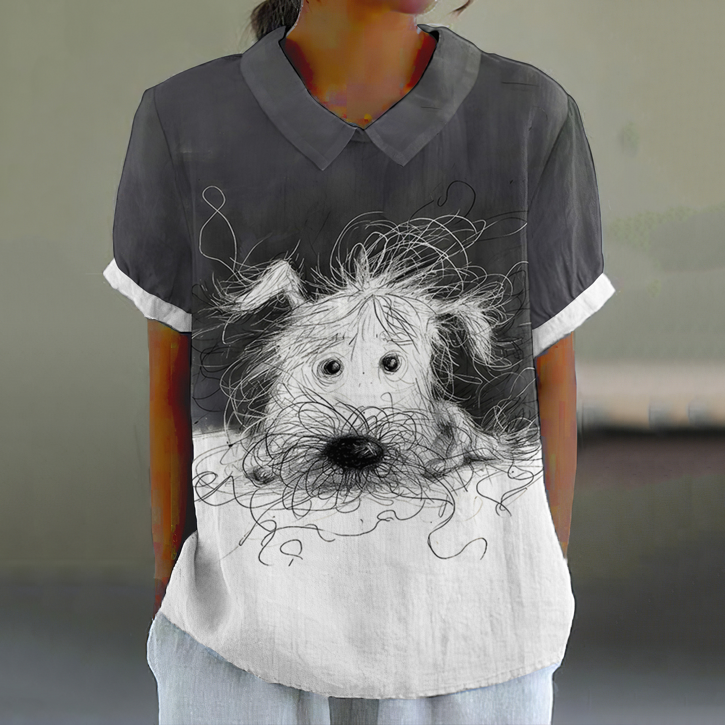 Cute Dog Scrawled Puppy Art Print Casual Cotton And Linen Shirt